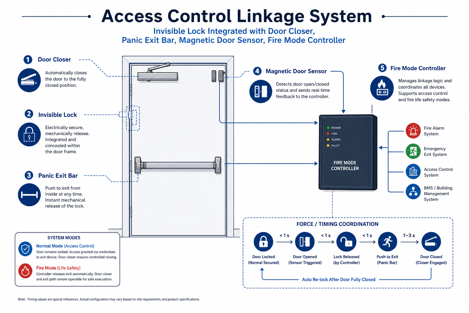 Access control linkage system diagram — invisible lock with door closer, panic bar and magnetic door sensor