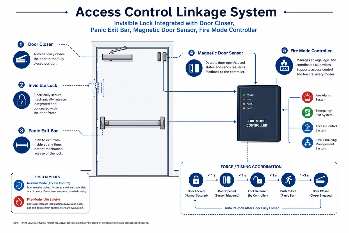 Access control linkage system diagram — invisible lock with door closer, panic bar and magnetic door sensor