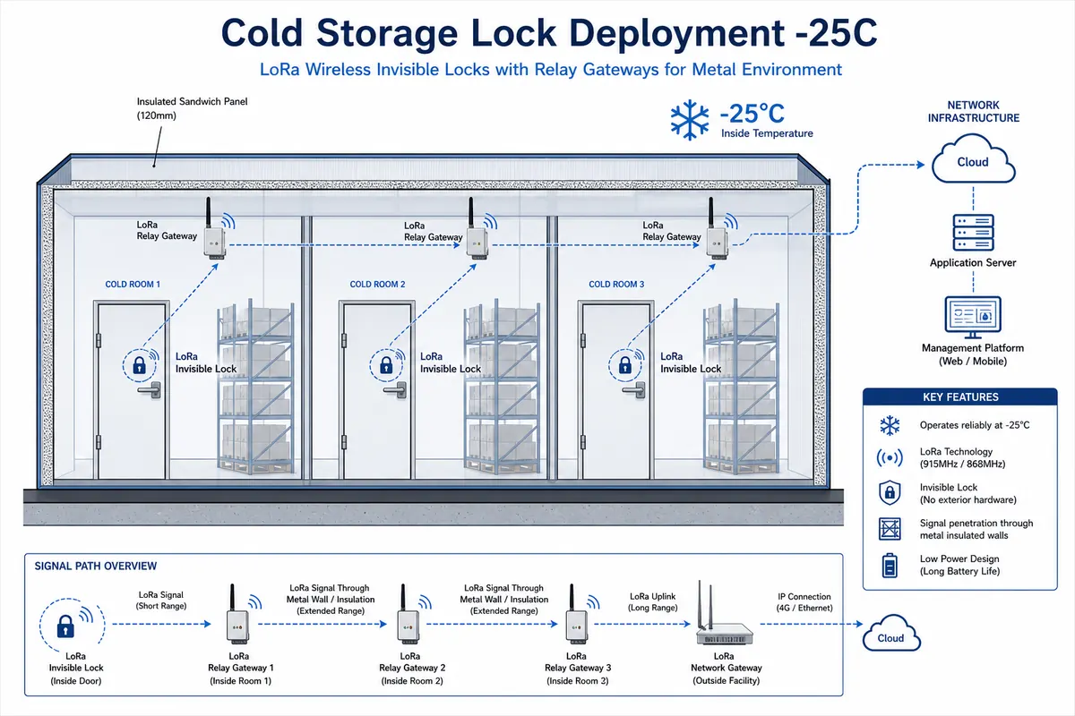 Cold storage lock deployment — LoRa wireless locks at -25°C with relay gateways in double-layer insulation