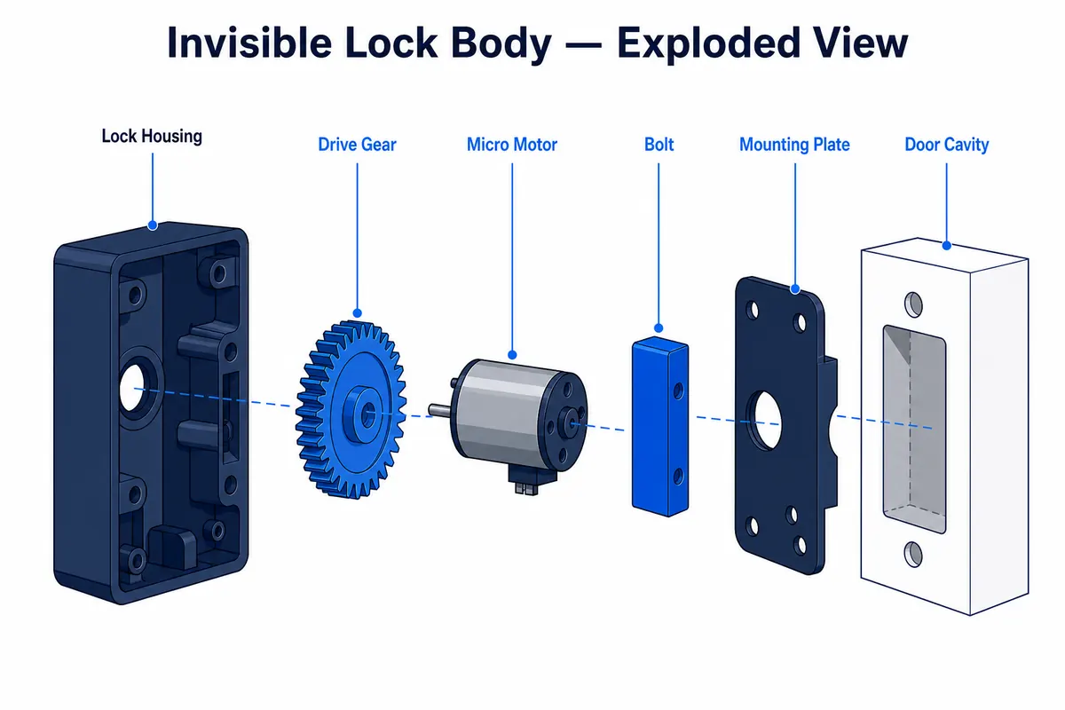 B2B invisible lock internal structure diagram — 3D exploded view showing lock body, transmission module, motor drive and mounting plate