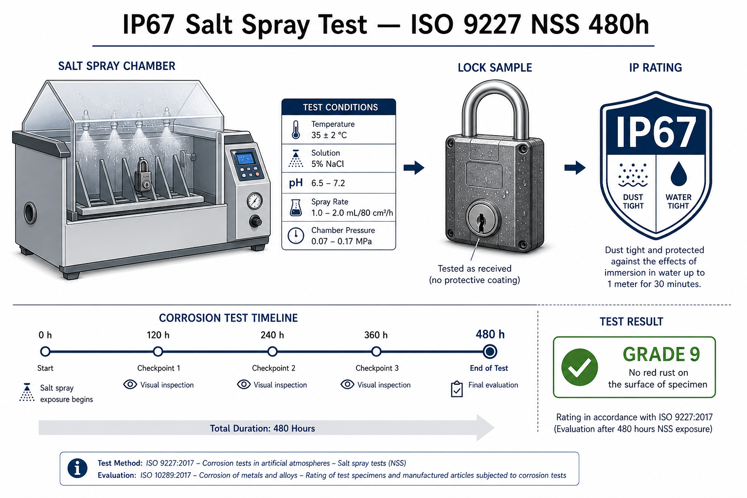 IP67 salt spray test scenario — ISO 9227 NSS 480 hours industrial protection rating