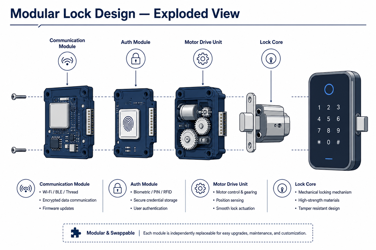 Modular lock design exploded view — removable communication and authentication modules