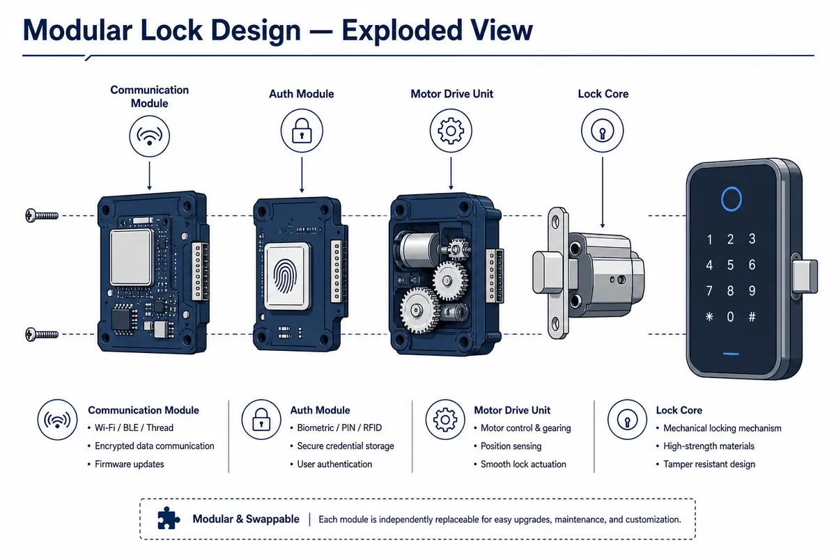 Modular smart lock exploded view — communication, biometrics, motor drive, and lock body can upgrade independently