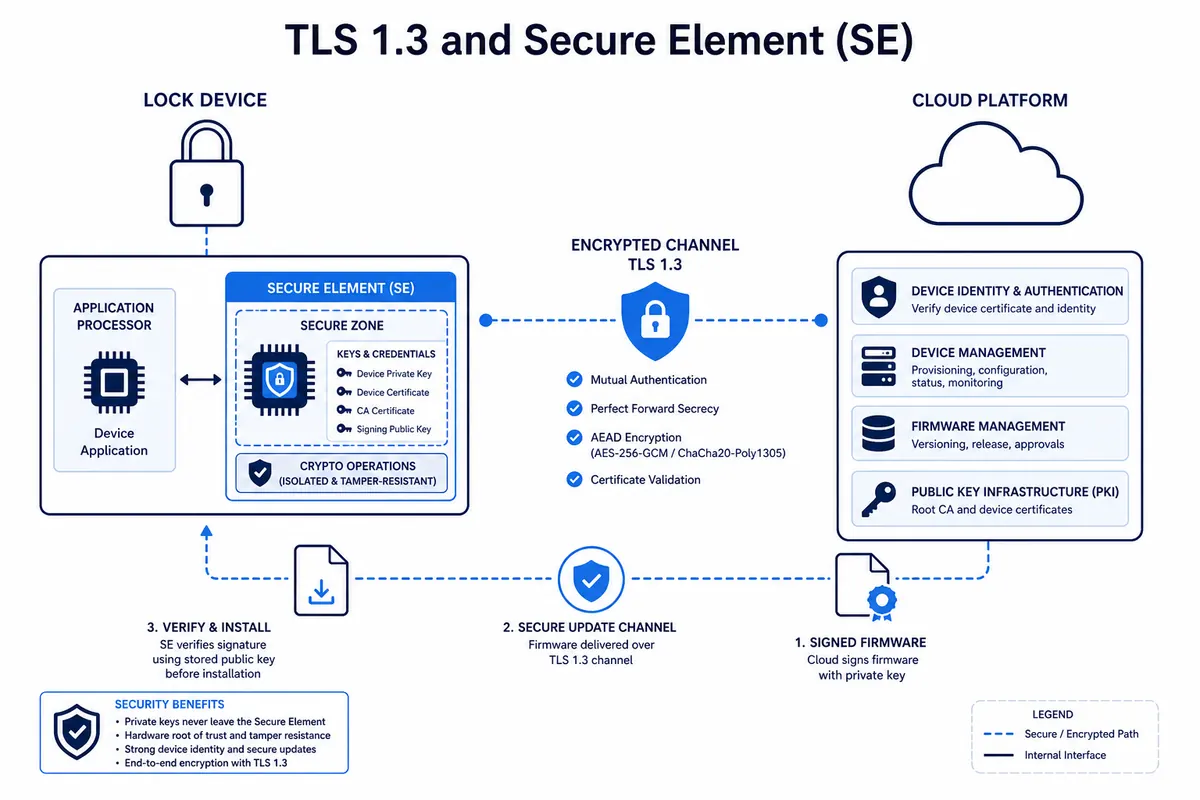 Cybersecurity architecture — TLS 1.3 encryption and hardware Secure Element (SE) for B2B invisible locks
