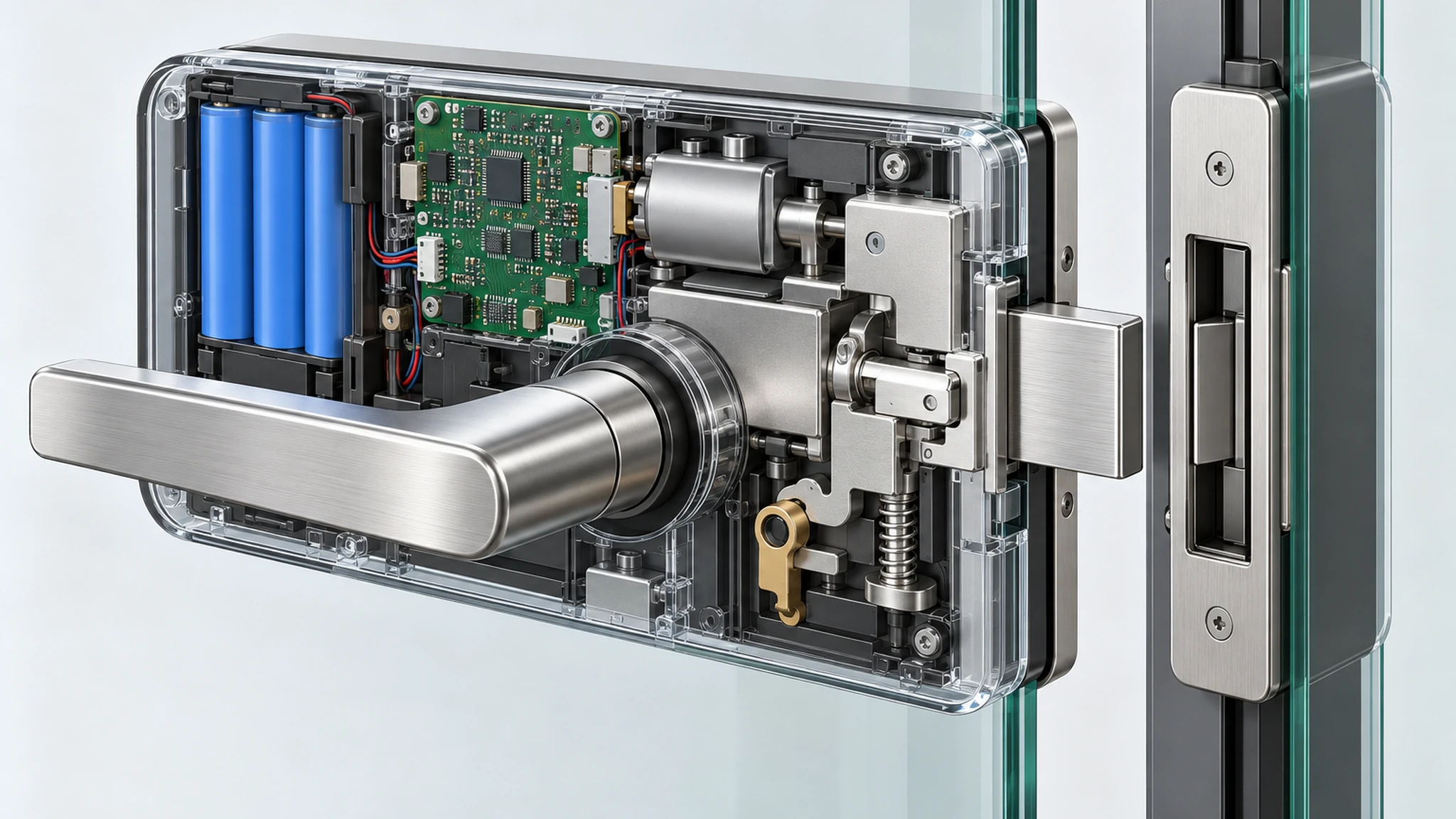 Glass-door smart-lock power and emergency-access architecture