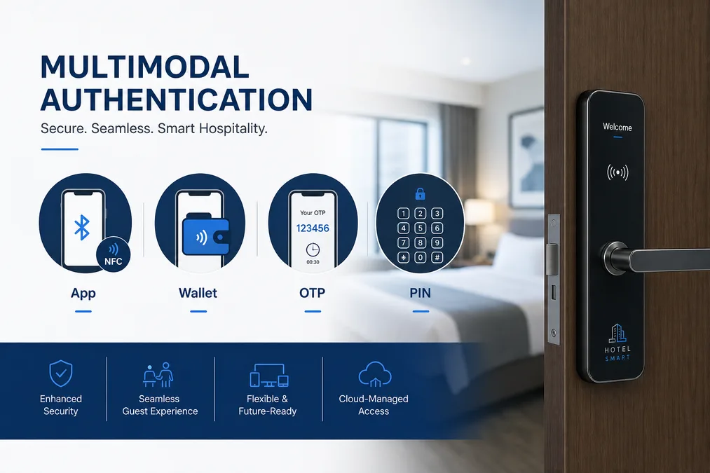 Multimodal authentication: hotel app, dynamic password, smart card and PIN
