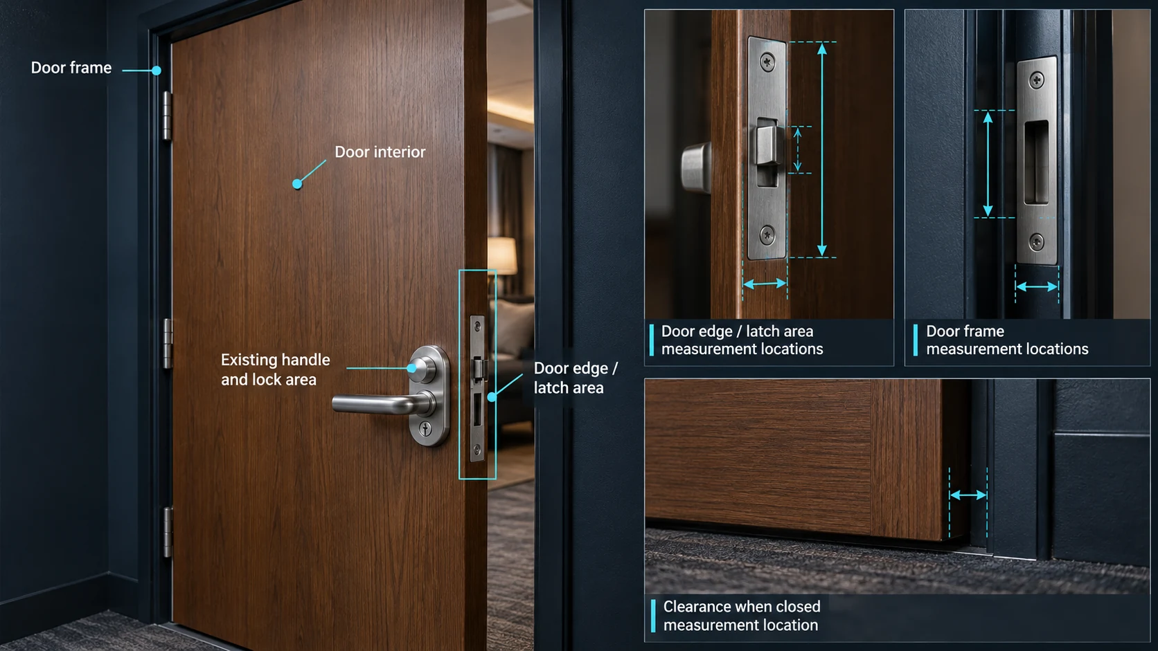 Door survey diagram identifying the door, frame, existing hardware, clearances, and measurements to record