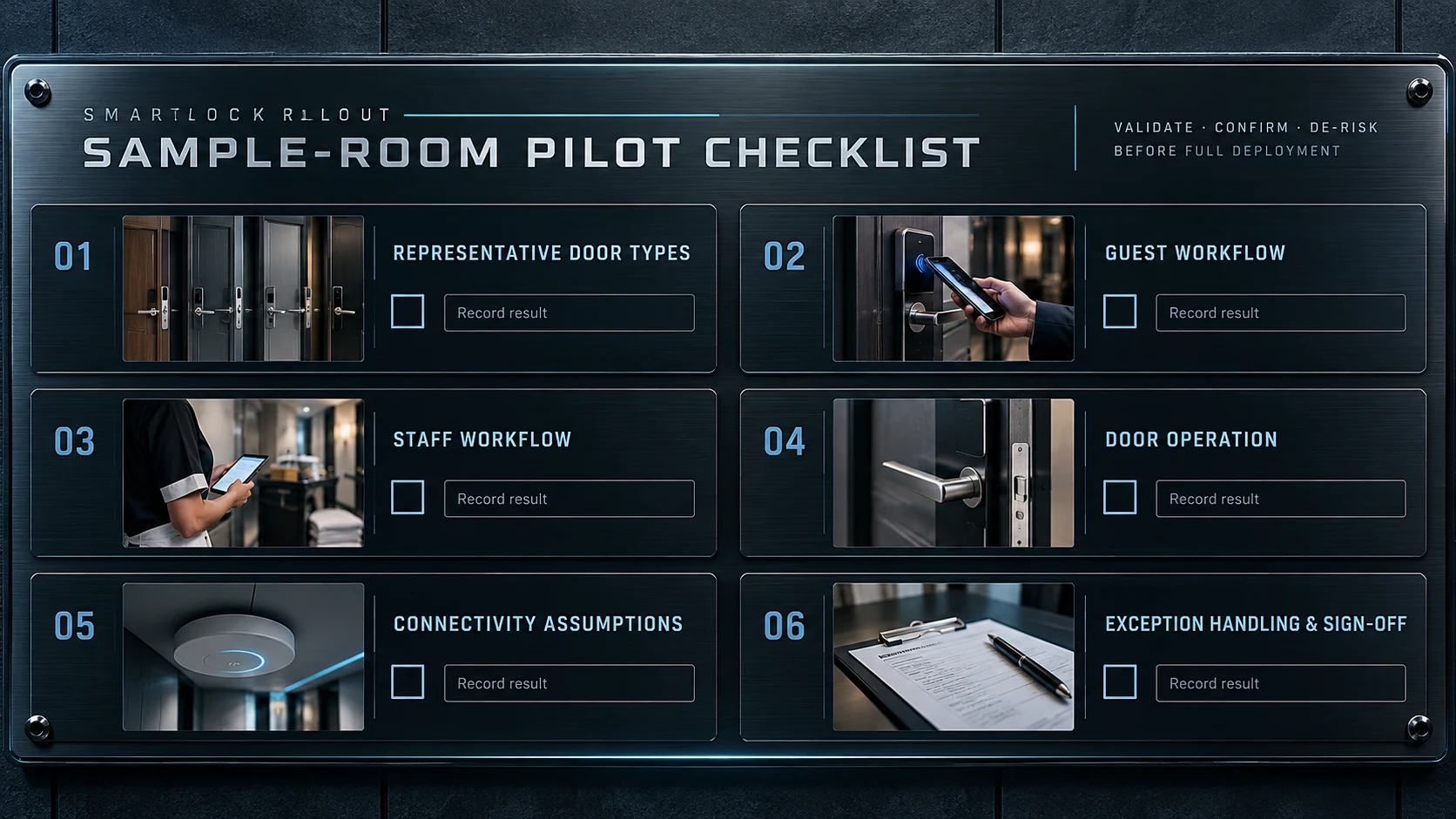 Sample-room pilot checklist covering door types, guest and staff workflows, exceptions, and approval