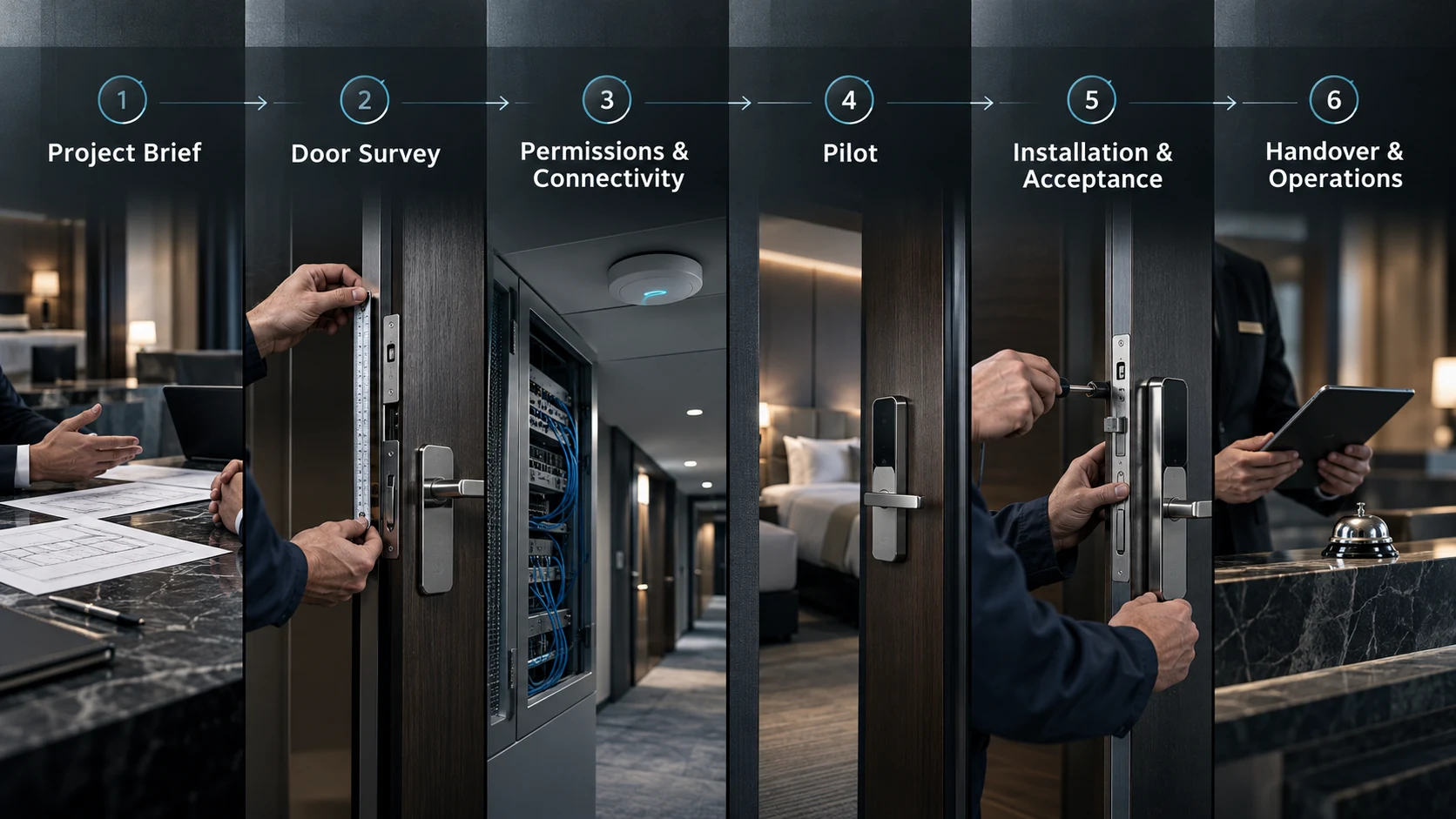 Hotel smart lock project workflow from planning and door survey to pilot, installation, handover, and operations