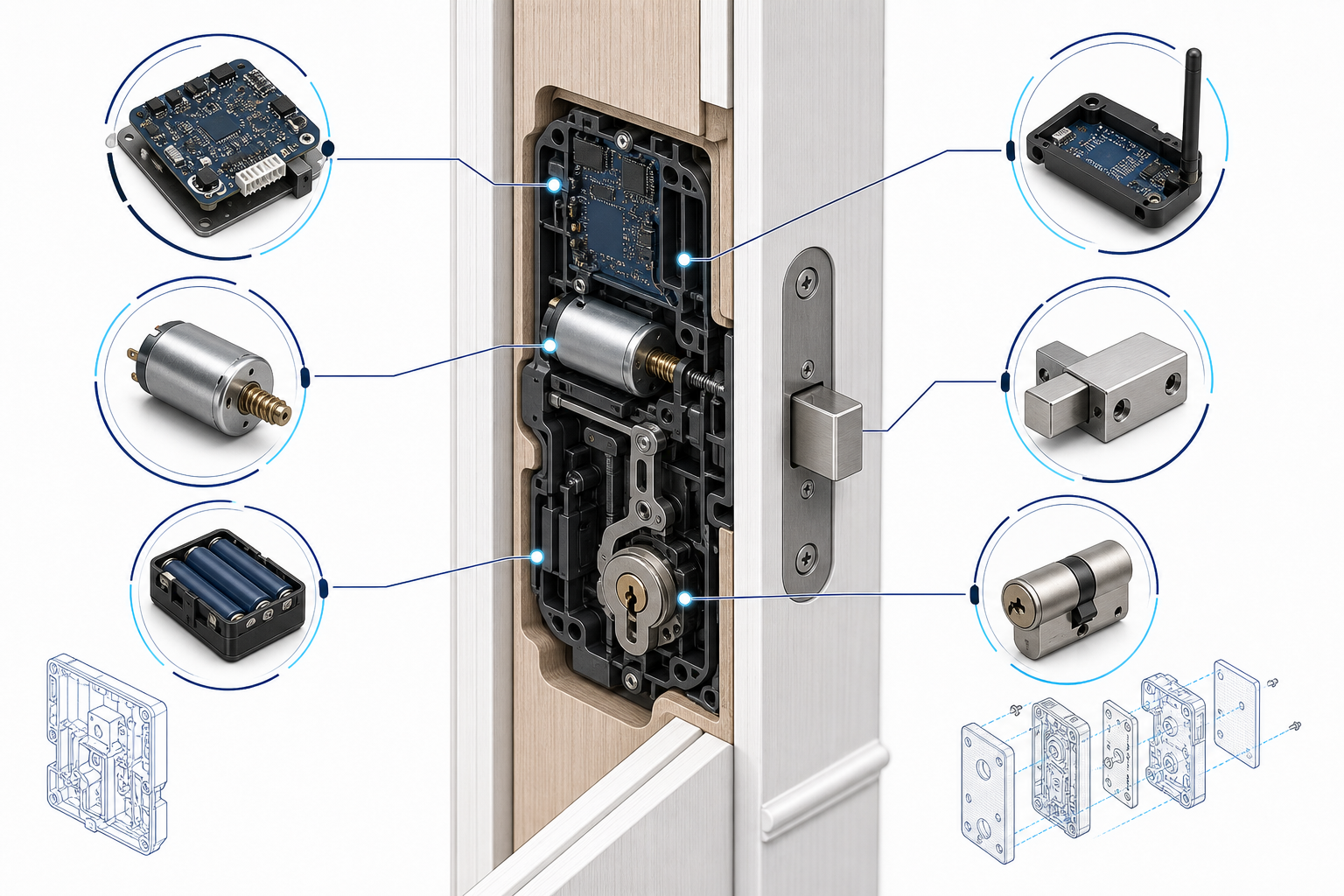Module architecture of control, motor, battery, and latch for an invisible smart lock