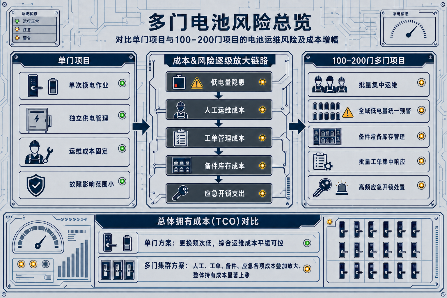 Battery maintenance risk and total cost comparison for single-door and multi-door projects