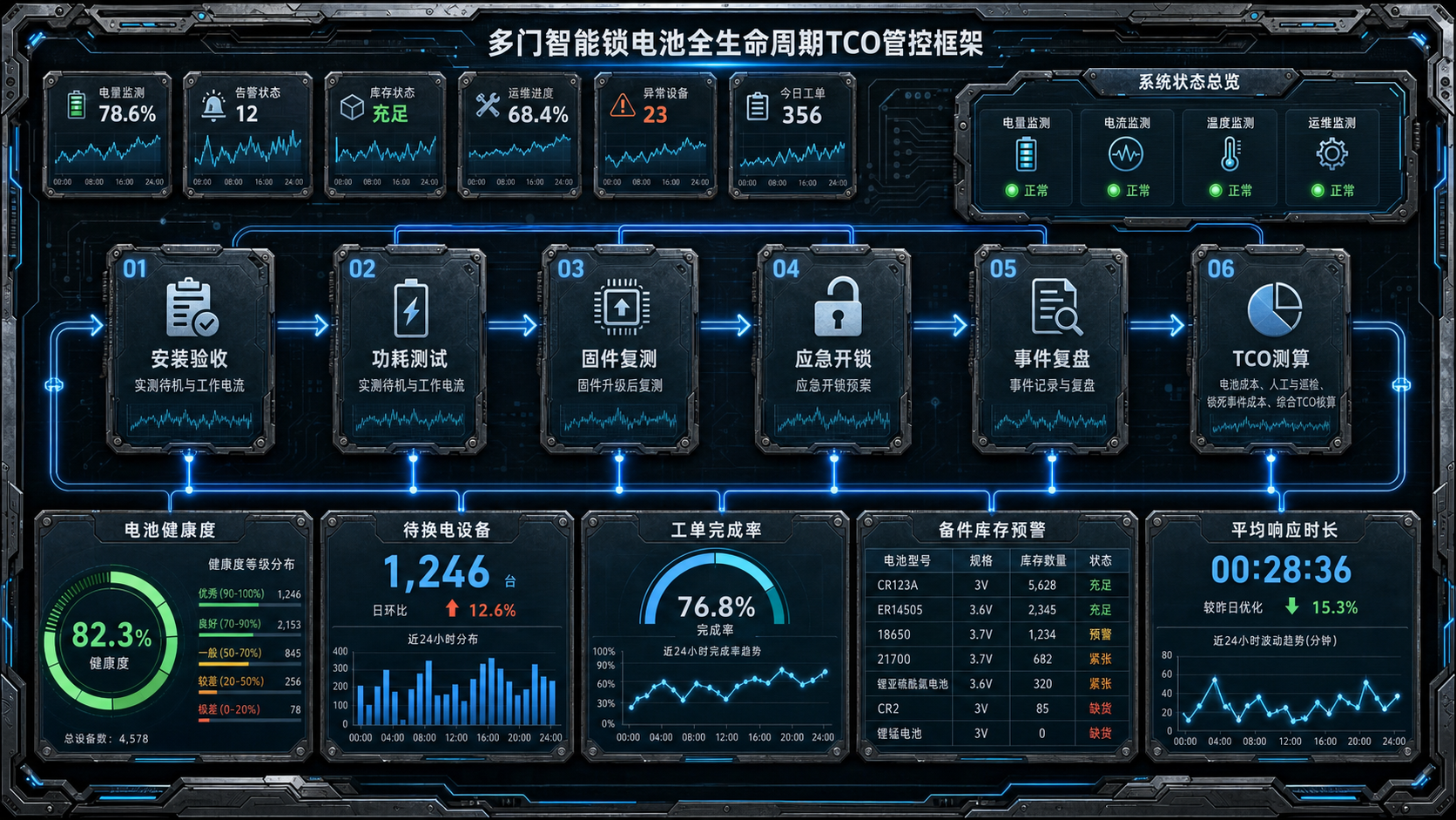 Full-lifecycle framework for multi-door smart locks, from installation acceptance and power testing to firmware retesting, emergency unlocking and TCO calculation