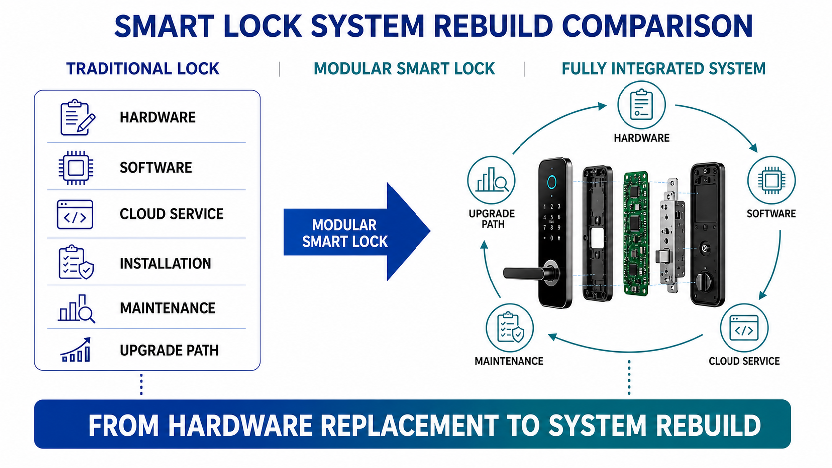 English comparison infographic of traditional, modular and fully integrated smart-lock systems