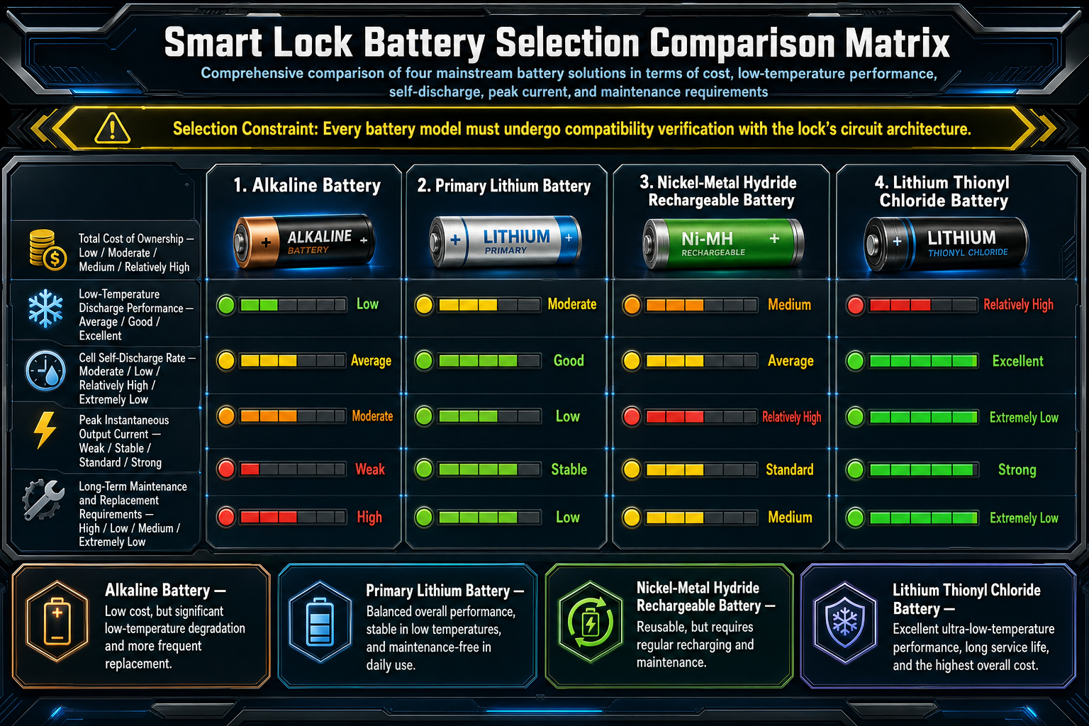 Smart lock battery-selection matrix comparing alkaline, primary lithium, nickel-metal hydride and lithium-thionyl chloride batteries