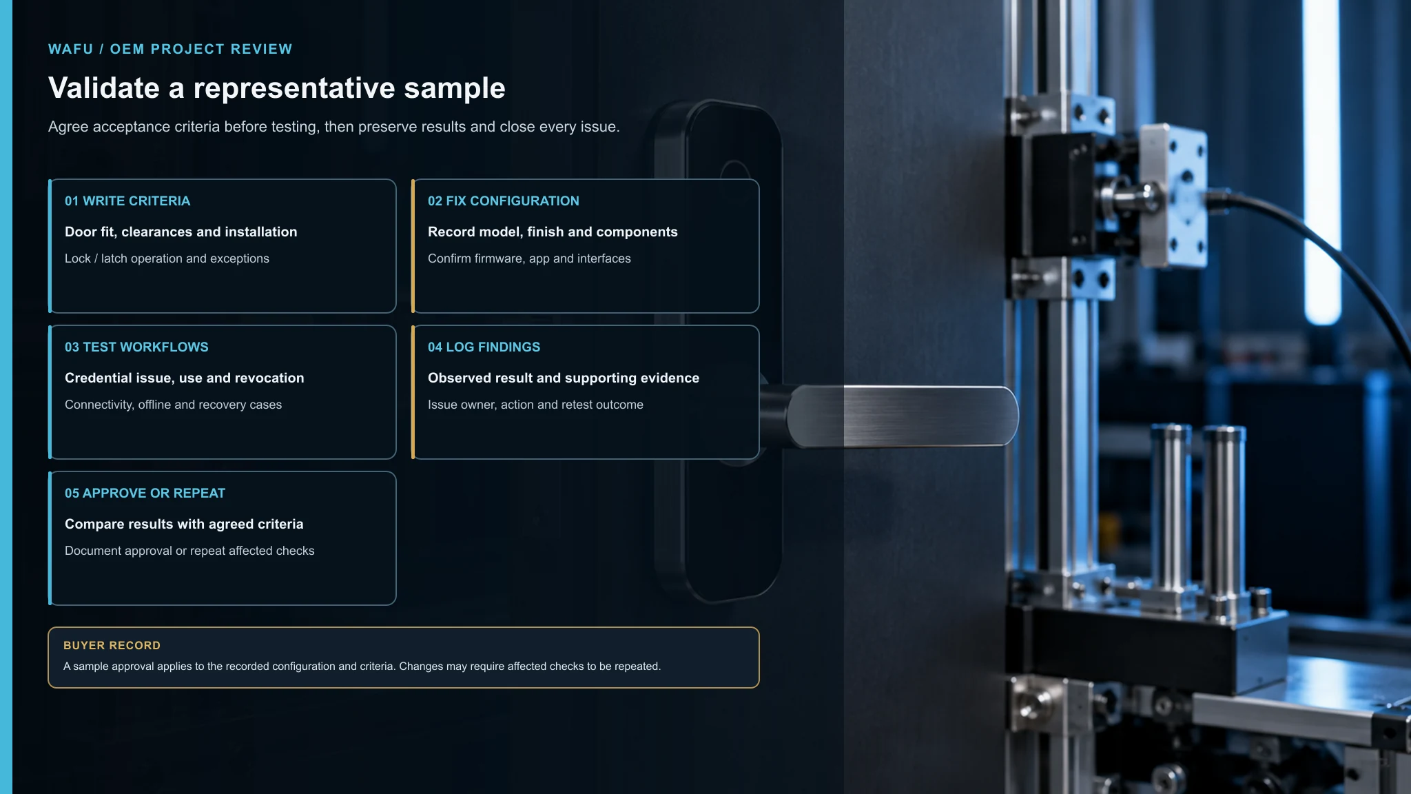 Sample validation workflow for a smart lock OEM project