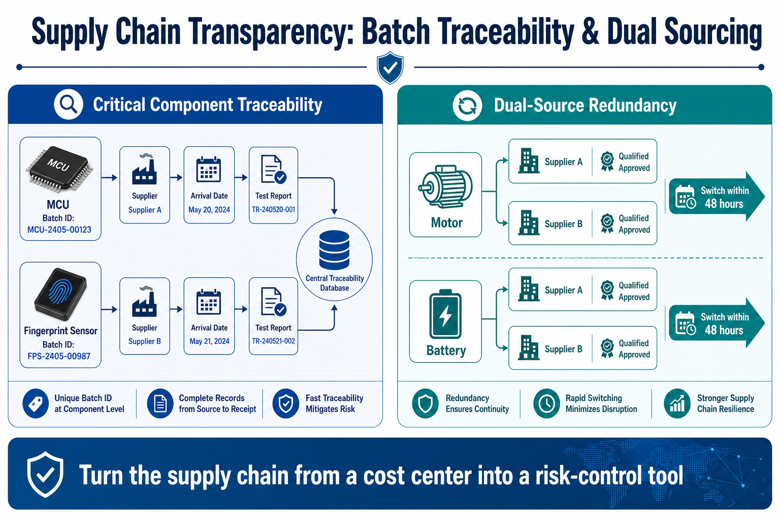 Supply chain transparency — critical component batch traceability and motor/battery dual sourcing